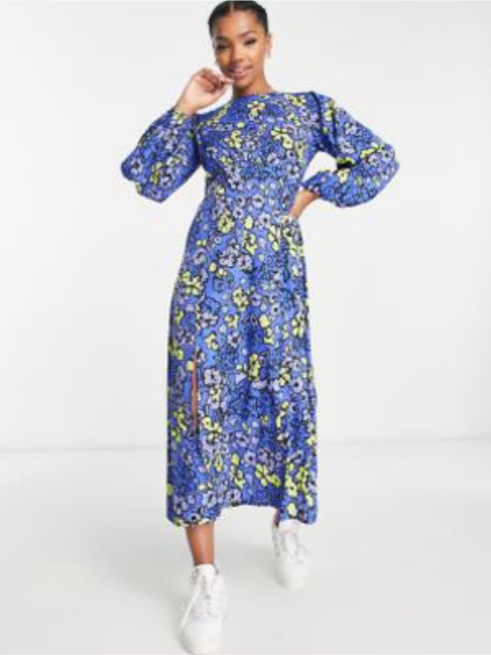 Blue Floral Long Sleeve Midi Dress